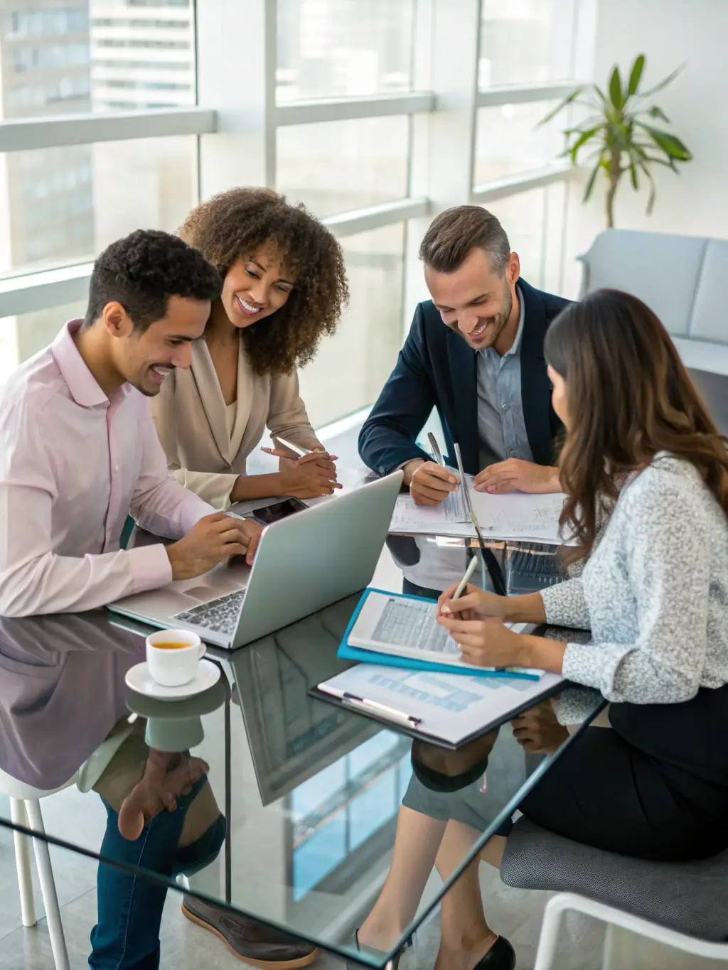 An image depicting a team of digital marketing experts collaborating around a table, brainstorming strategies for a client's campaign, set in a modern office environment.